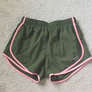 Nike Dri-Fit Tempo shorts, Olive and Coral